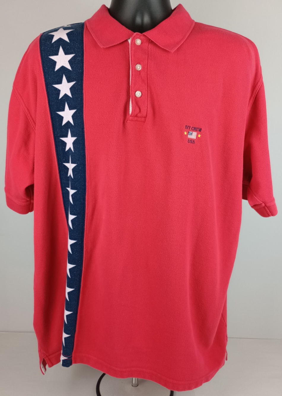Ivy Crew Men XXL Red White Blue Stars Stripe Button Down Short Sleeve Polo Shirt